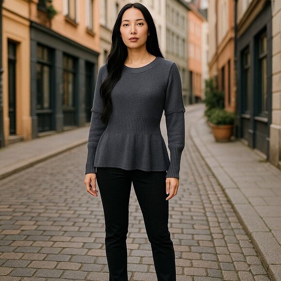 St. John Sports Sweater Black Women's Medium Convertible Sleeve Knit Round Neck - Picture 2 of 6